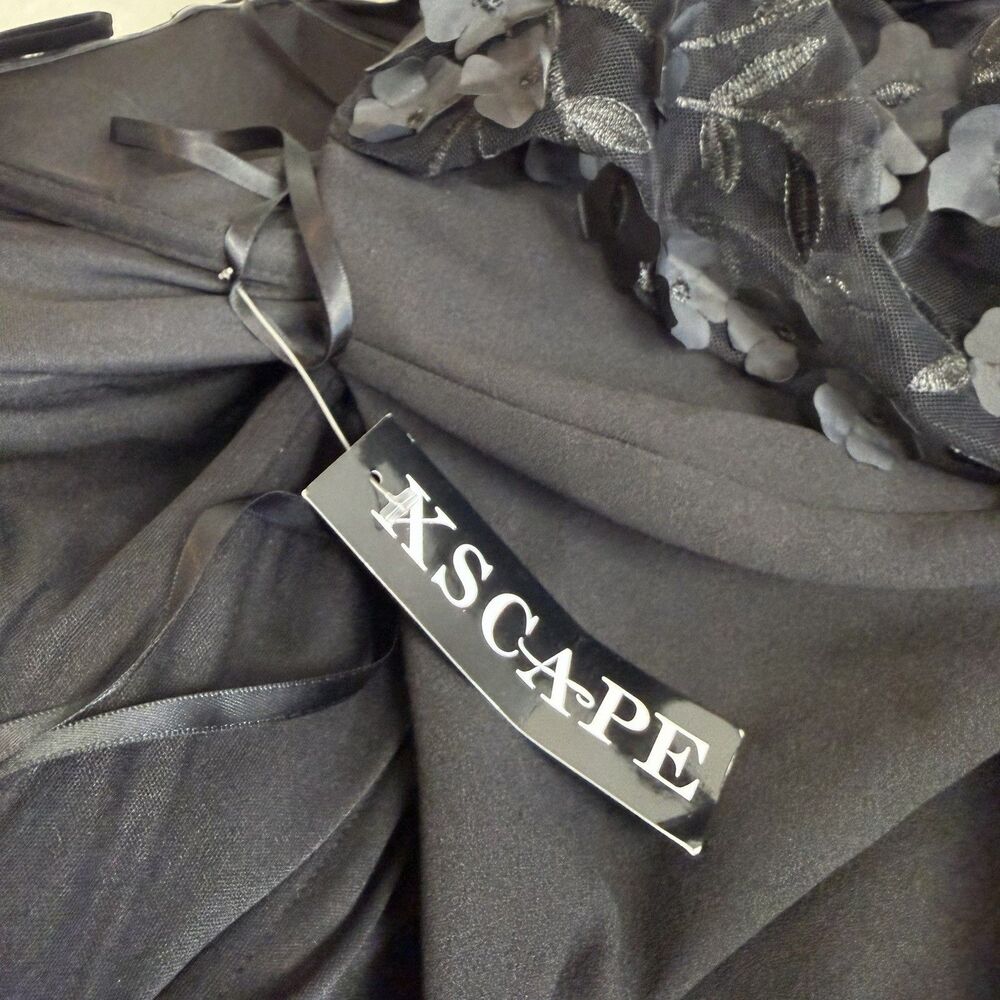 Xscape Jumpsuit Black Scuba Crepe Floral Puff Sleeves Wide Leg NWT Women’s 12 - Picture 10 of 14